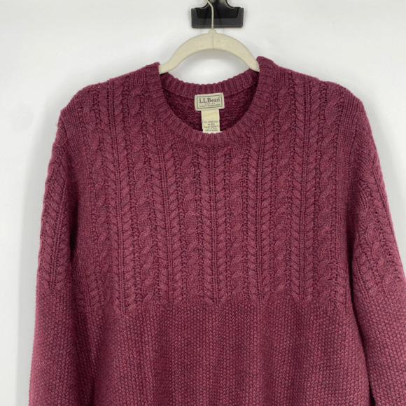 Vintage L.L. Bean Mens M Wool Sweater Crewneck Pullover Burgundy Red Cable Knit - Picture 5 of 8
